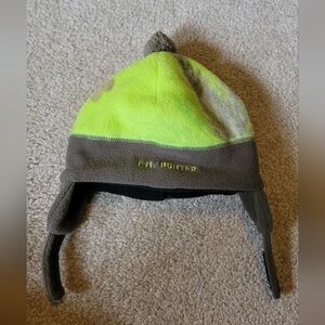 Hot shot Lil' Hunter lime green & gray winter hat with chin velcro strap. 12m-2t